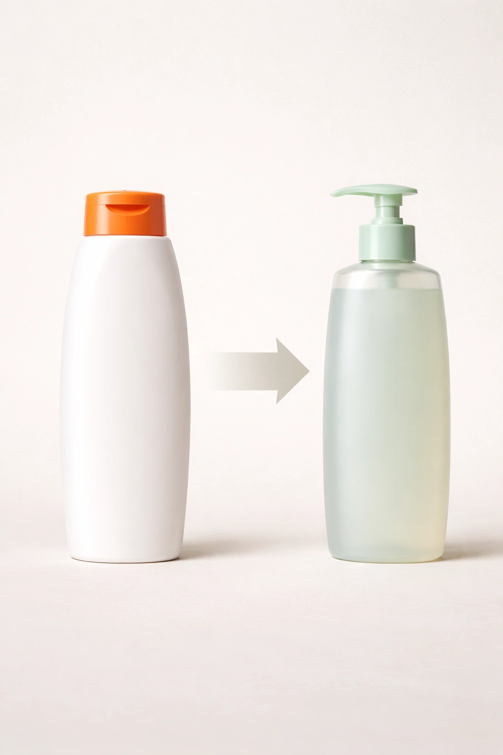 Unlabelled sulfate-free shampoo bottles arranged to symbolize switching to gentler cleansers