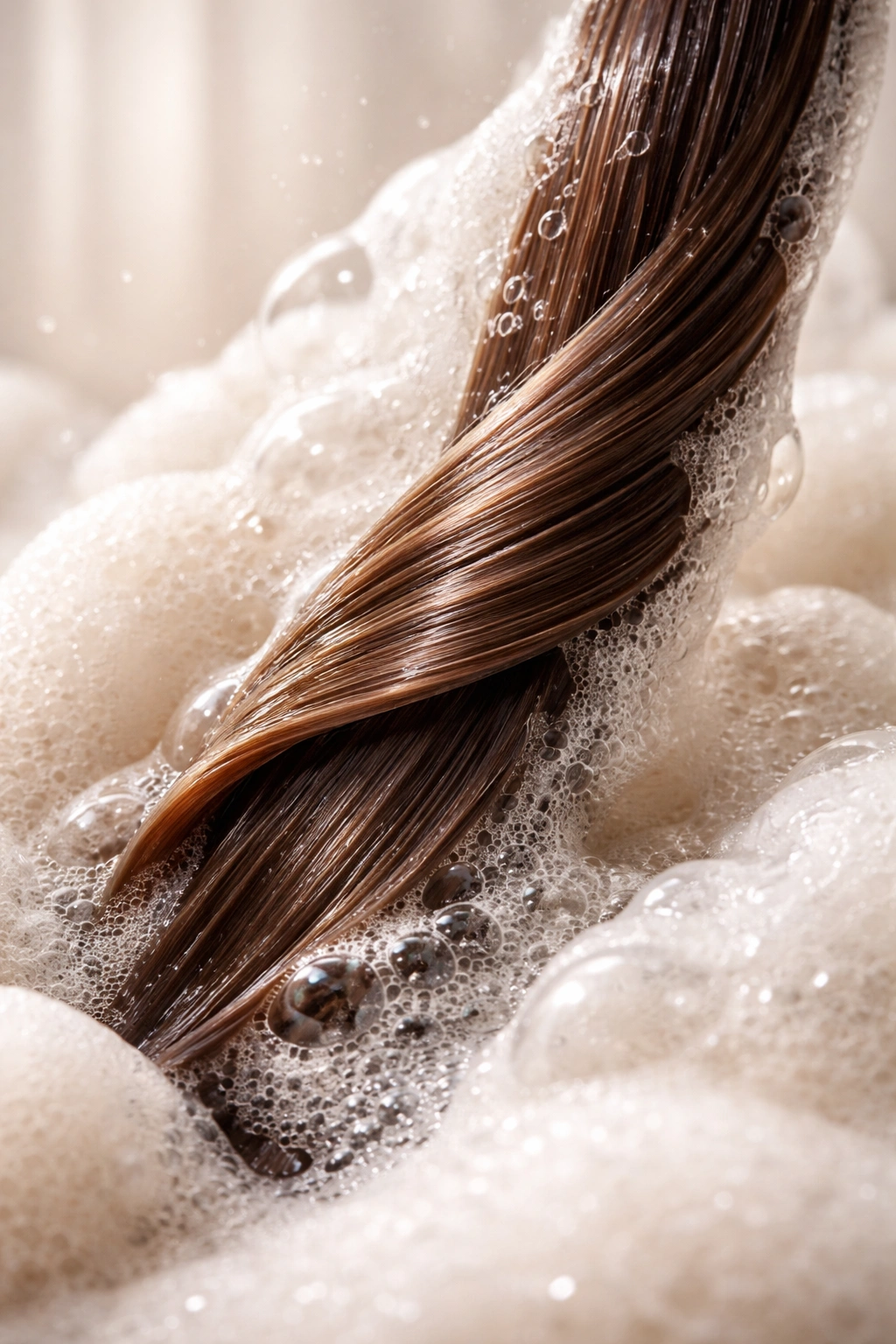 Hair strand surrounded by luxurious lather illustrating cleansing benefits and volume.