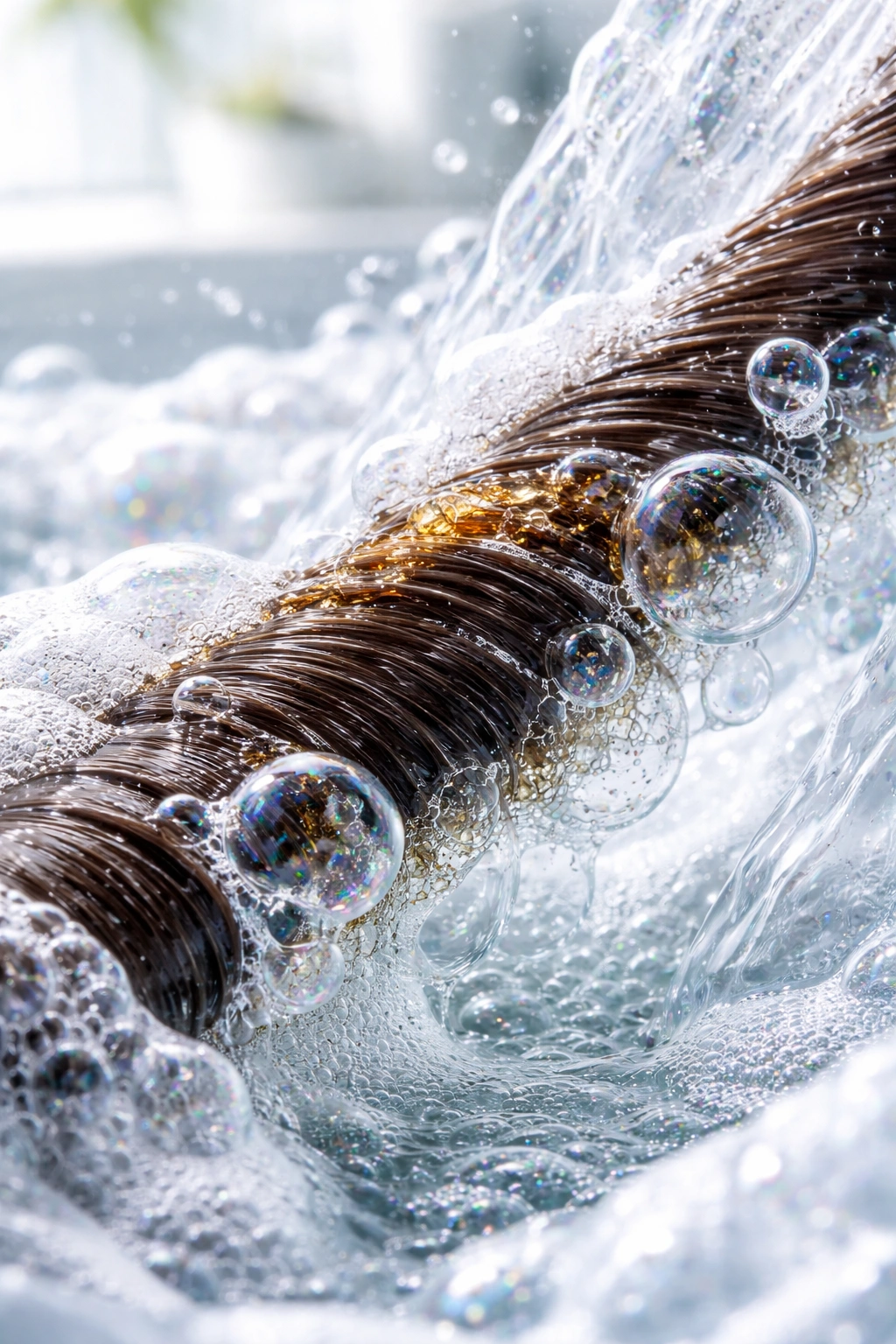 Hair strand with foamy cleansing bubbles removing oil and dirt.