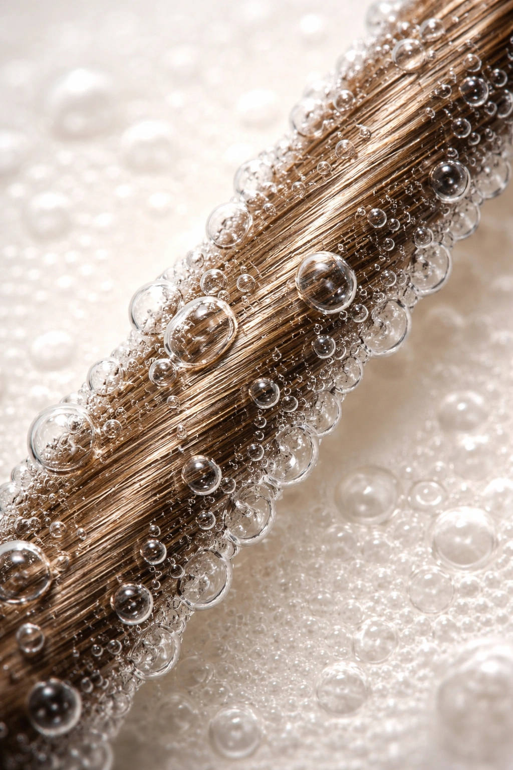 Macro shot of a hair strand with tiny bubbles suggesting cleansing agents