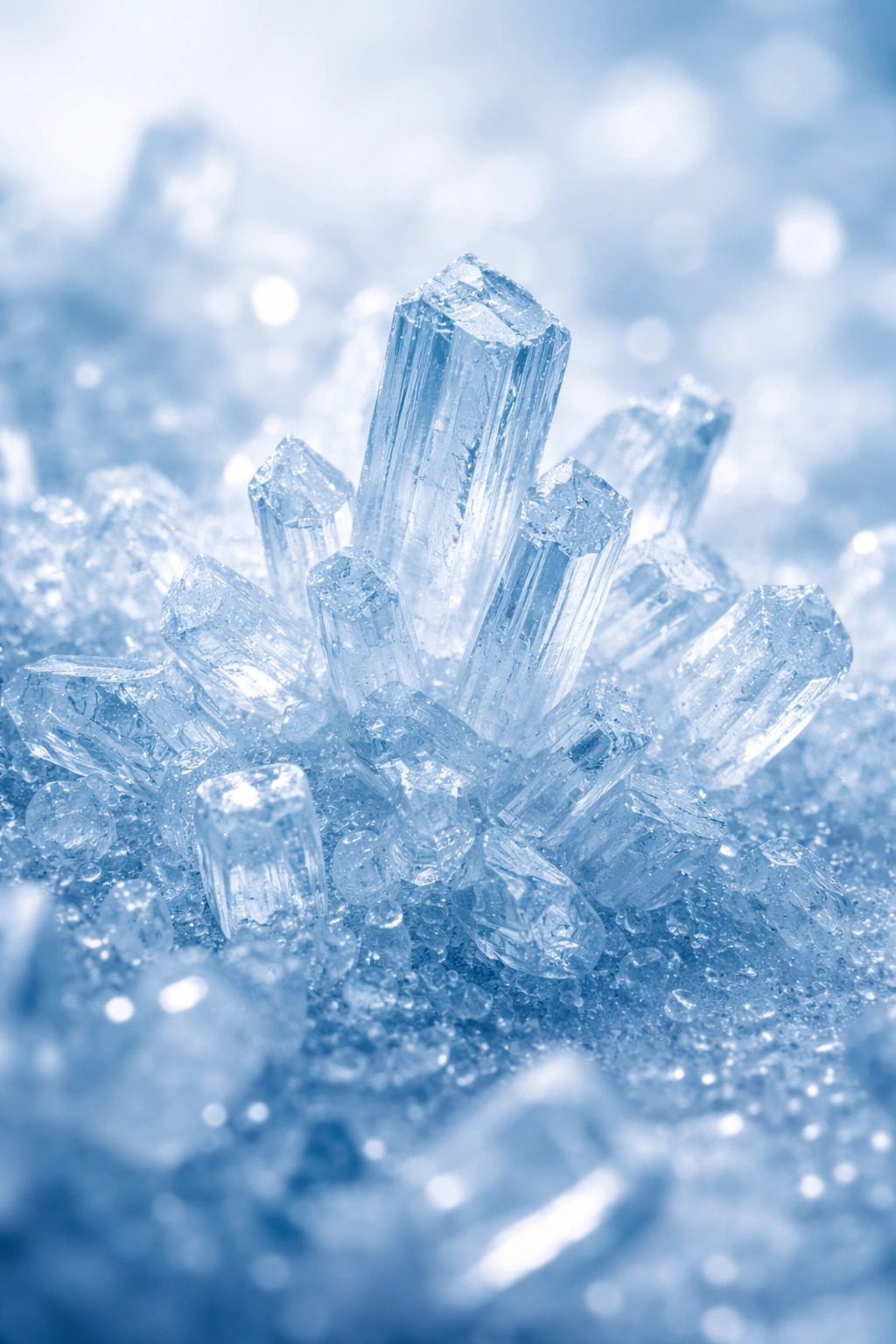 Abstract macro of sulfate-like crystals with cool blue lighting