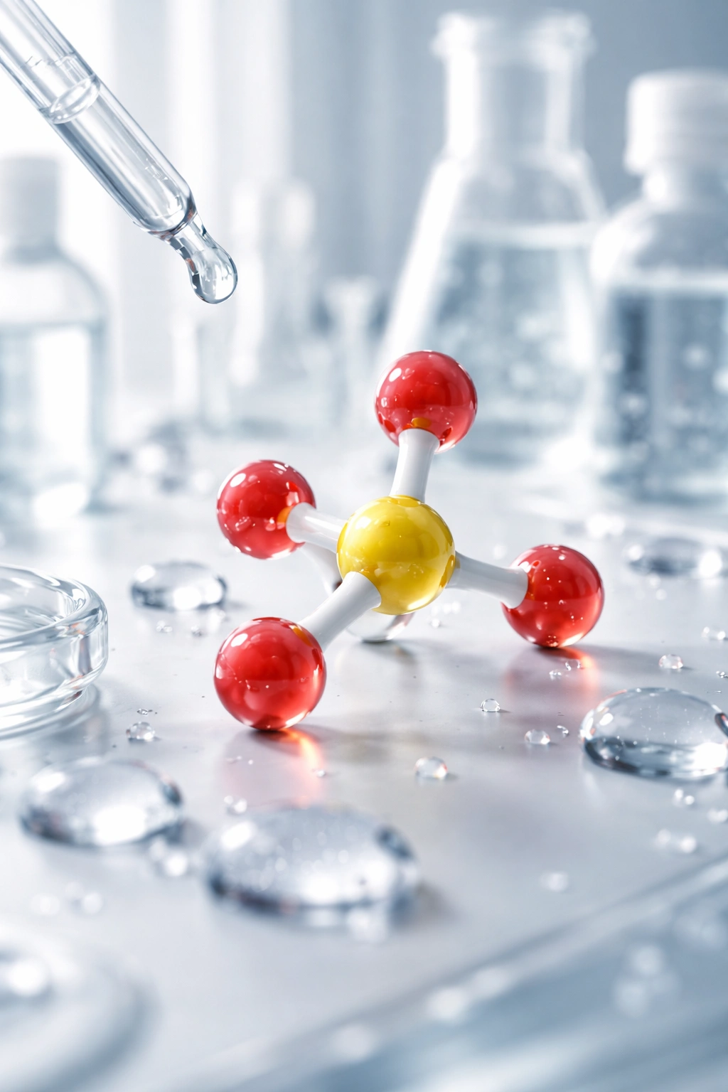 Clinical visualization of sulfate molecules in a lab setting, representing safety and myth debunking.