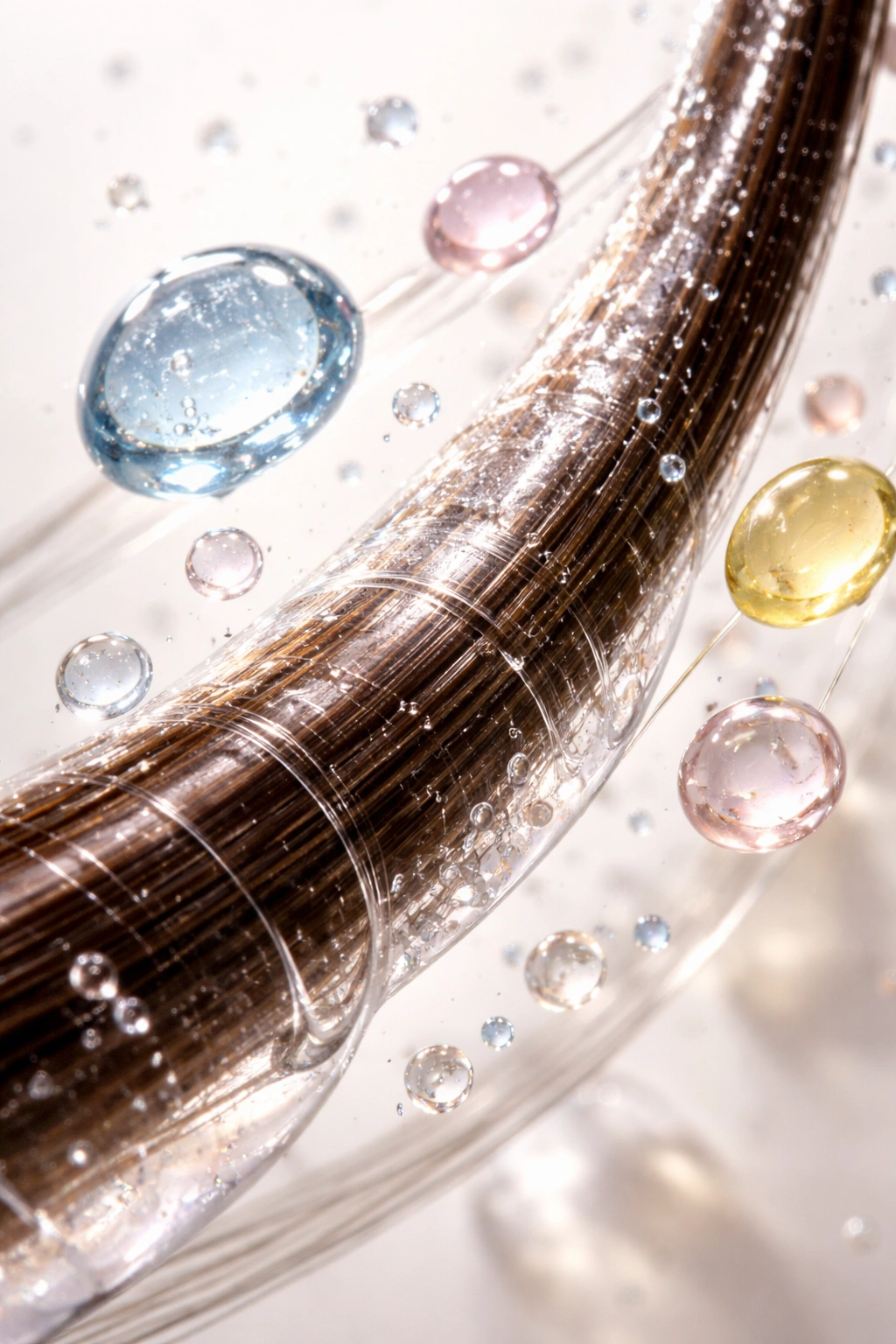 Hair strand with glossy coating and subtle sparkles suggesting chemical ingredients.