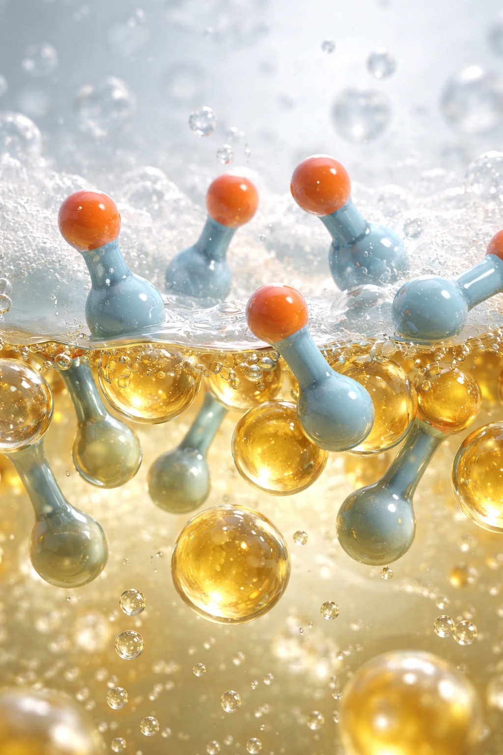 Close-up visualization of sulfate surfactant molecules cleansing hair by interacting with oil and water.