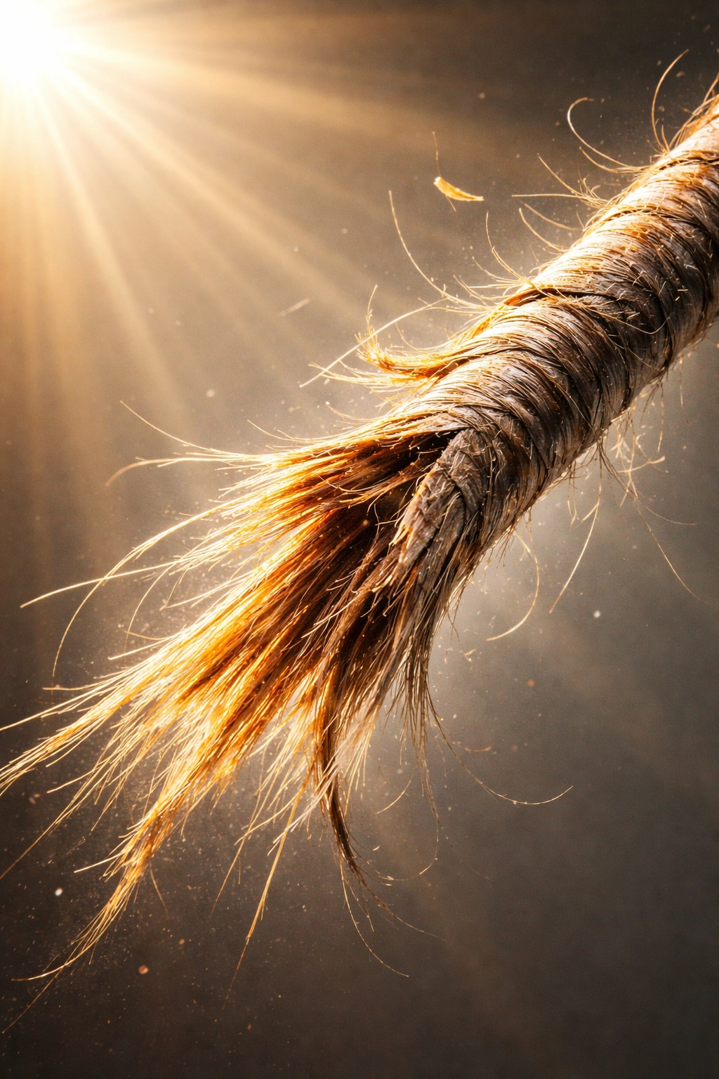 Close-up of a dry, frayed hair strand showing UV damage