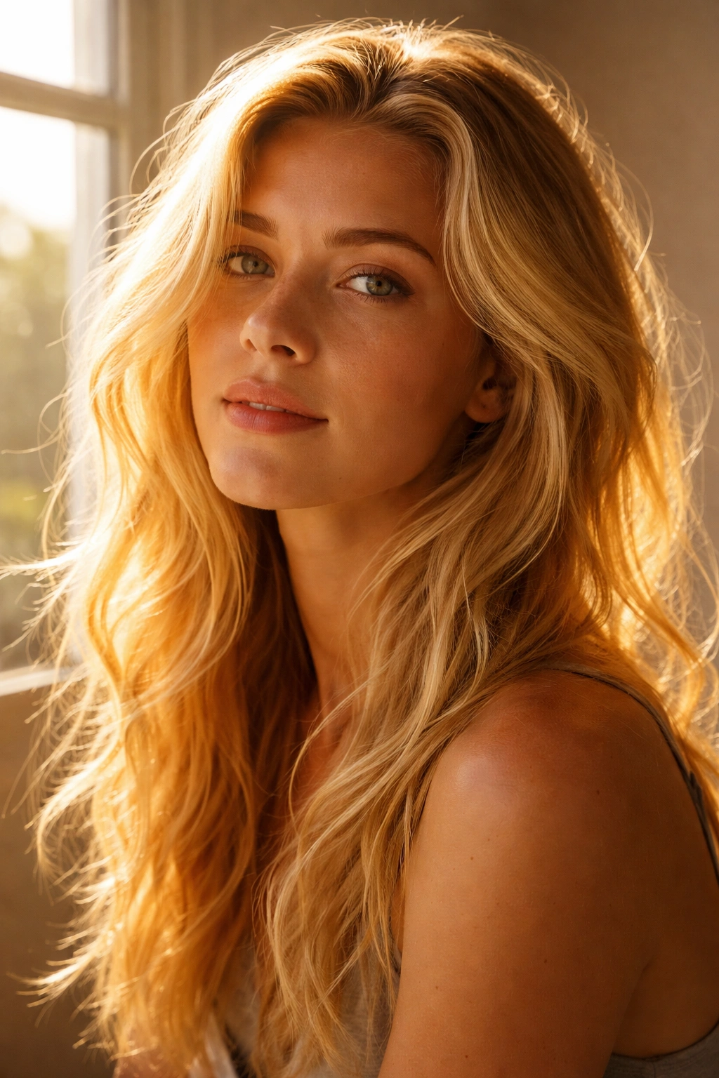 Portrait showing sunlit blonde hair with natural light