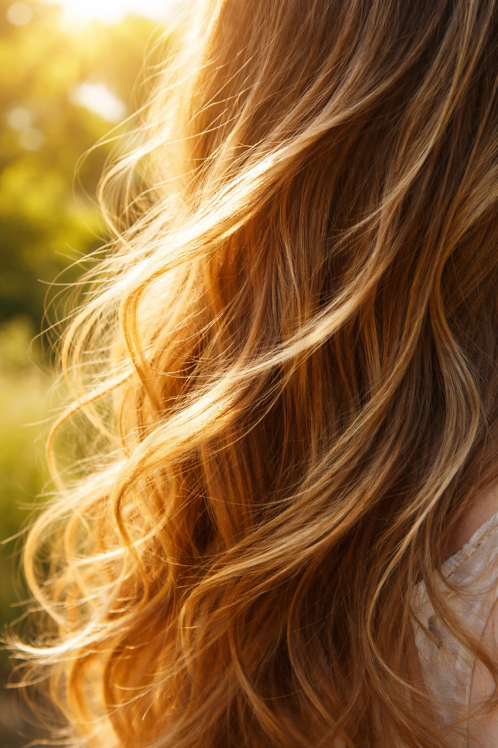 Hair illuminated by sun with warm golden highlights
