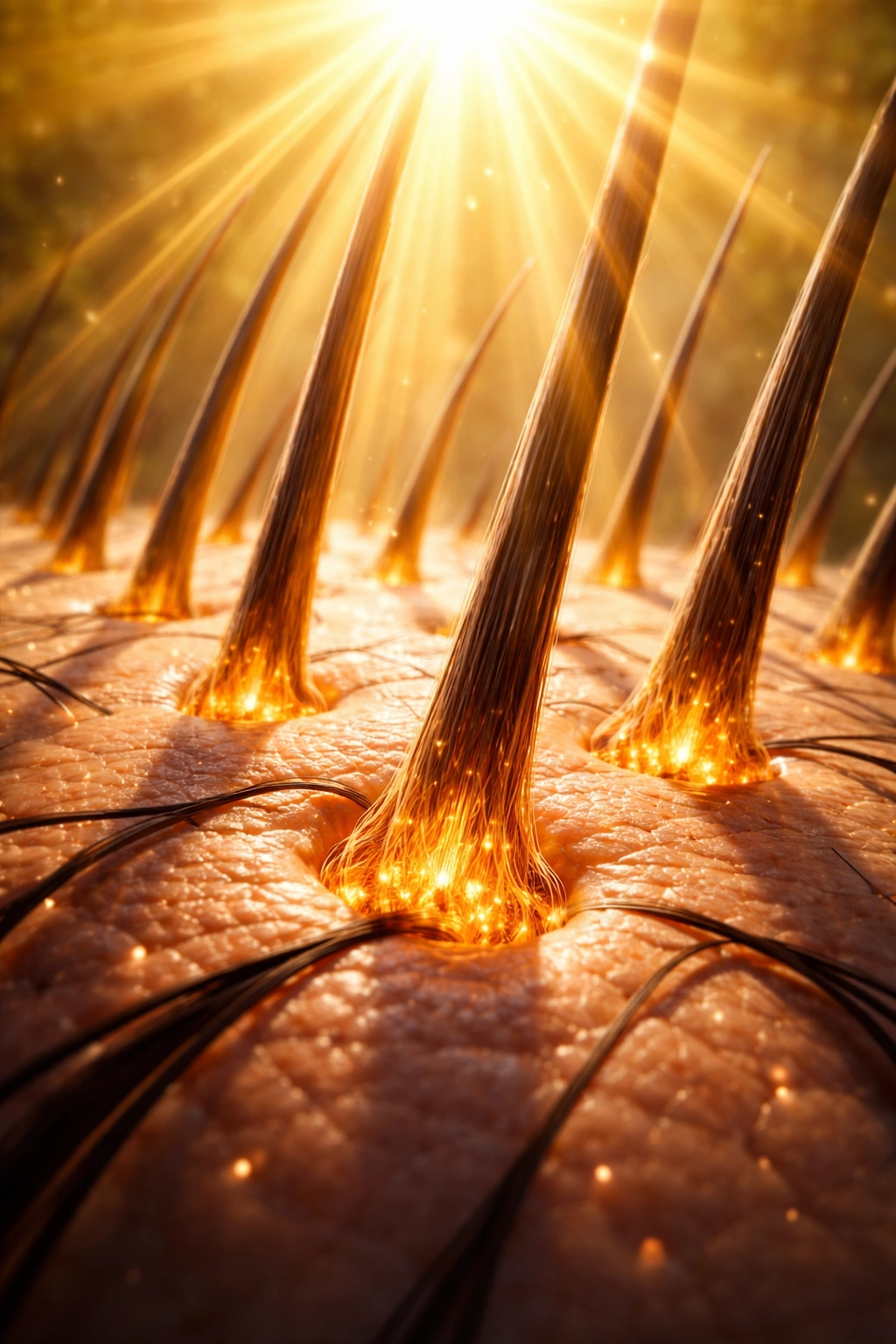 Close-up of scalp with follicles lit by sunlight, suggesting vitamin D and hair growth