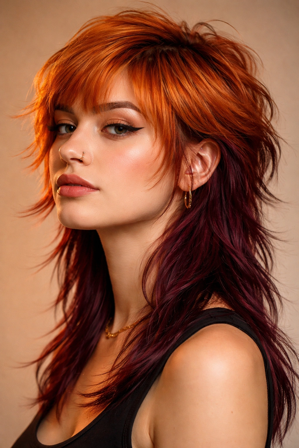 Close-up of sunset copper mullet with burgundy underlayers in studio portrait