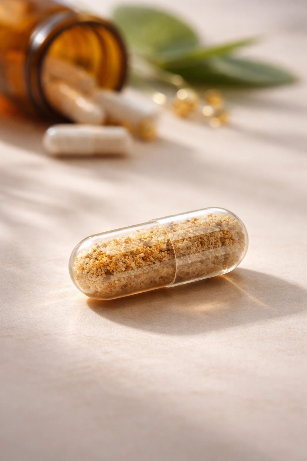 Single supplement capsule on neutral background