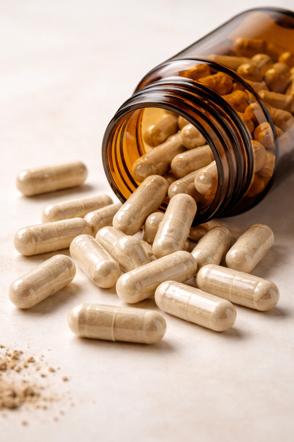 Opaque supplement bottle with capsules spilled on neutral surface