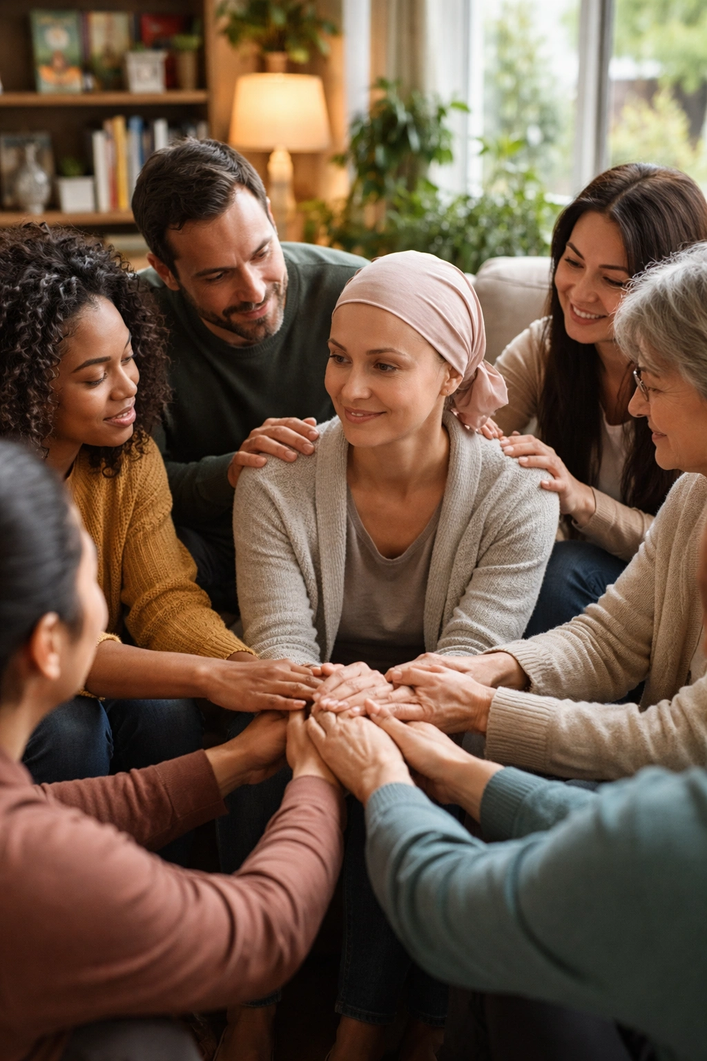 Diverse group forming a support circle around an individual, conveying emotional and practical support during treatment