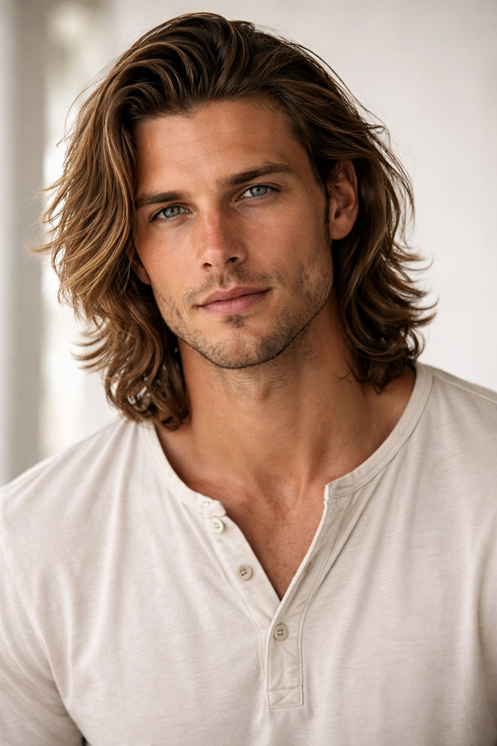 Portrait of a man with Surfer Hair The Flow hairstyle
