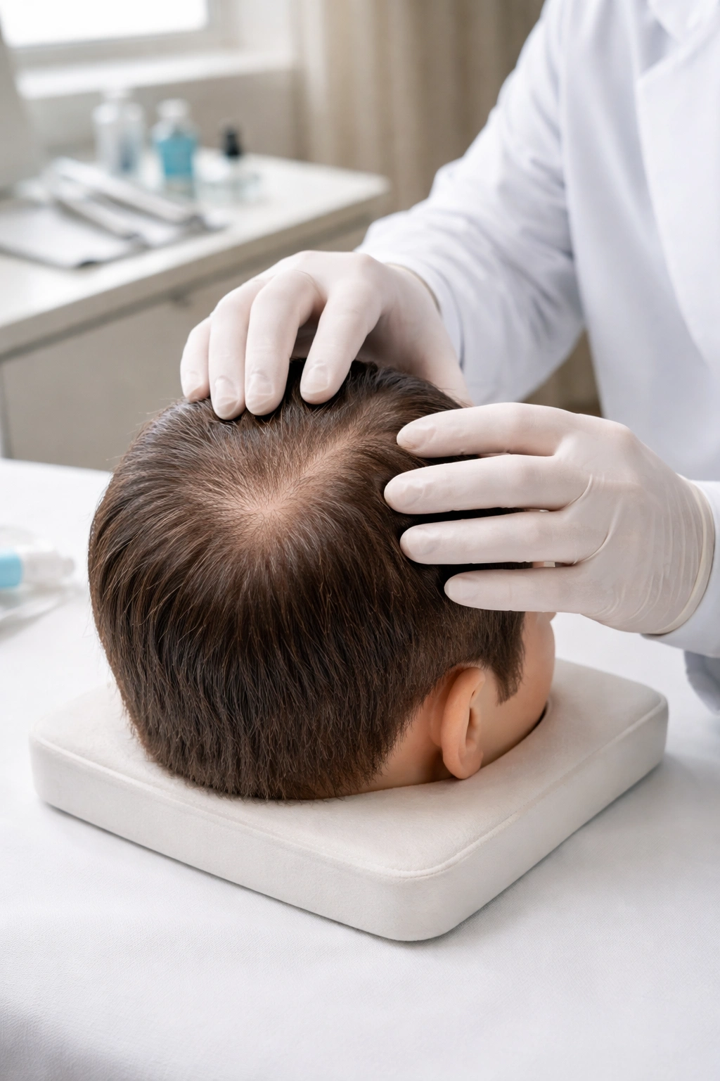 Gloved hands examining a scalp model in a clinical setting