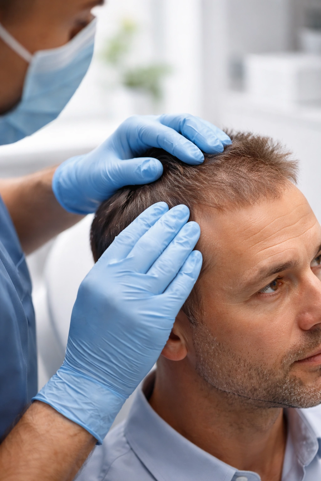 Surgeon gloved hands evaluating scalp during consultation