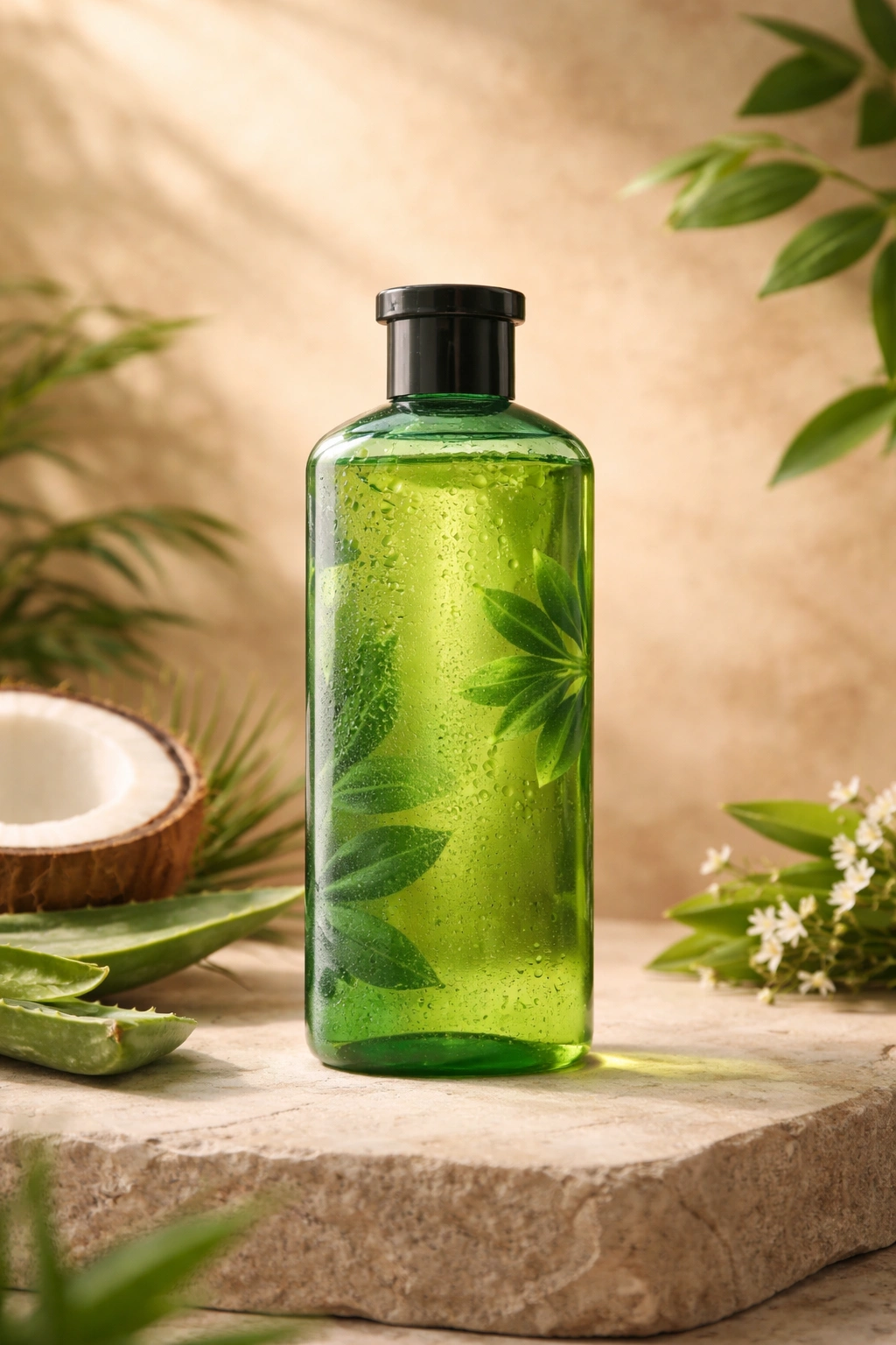 Herbal Essences bottle on warm backdrop conveying sustainability and ethics without branding