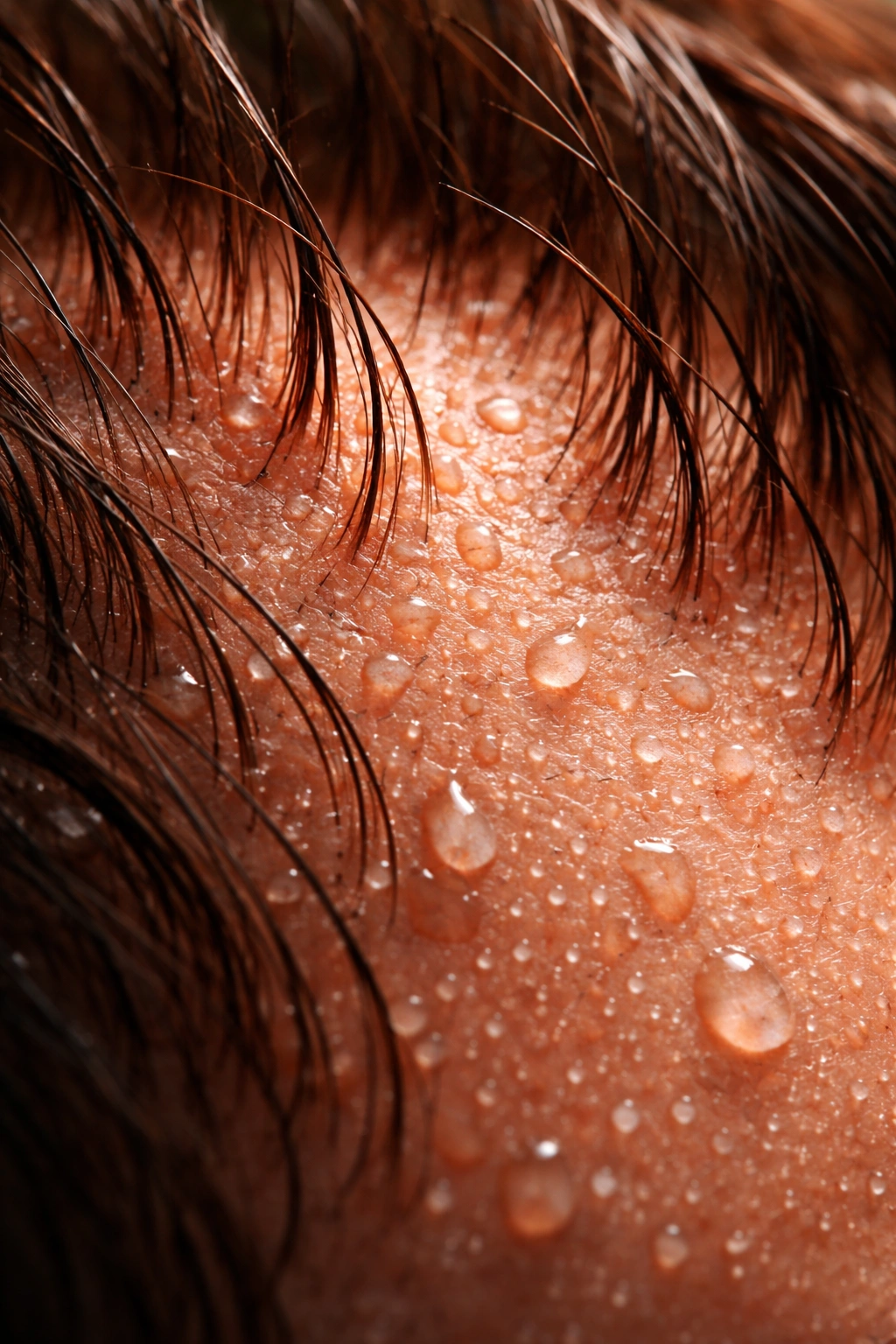 Scalp close-up with sweat beads under warm lighting