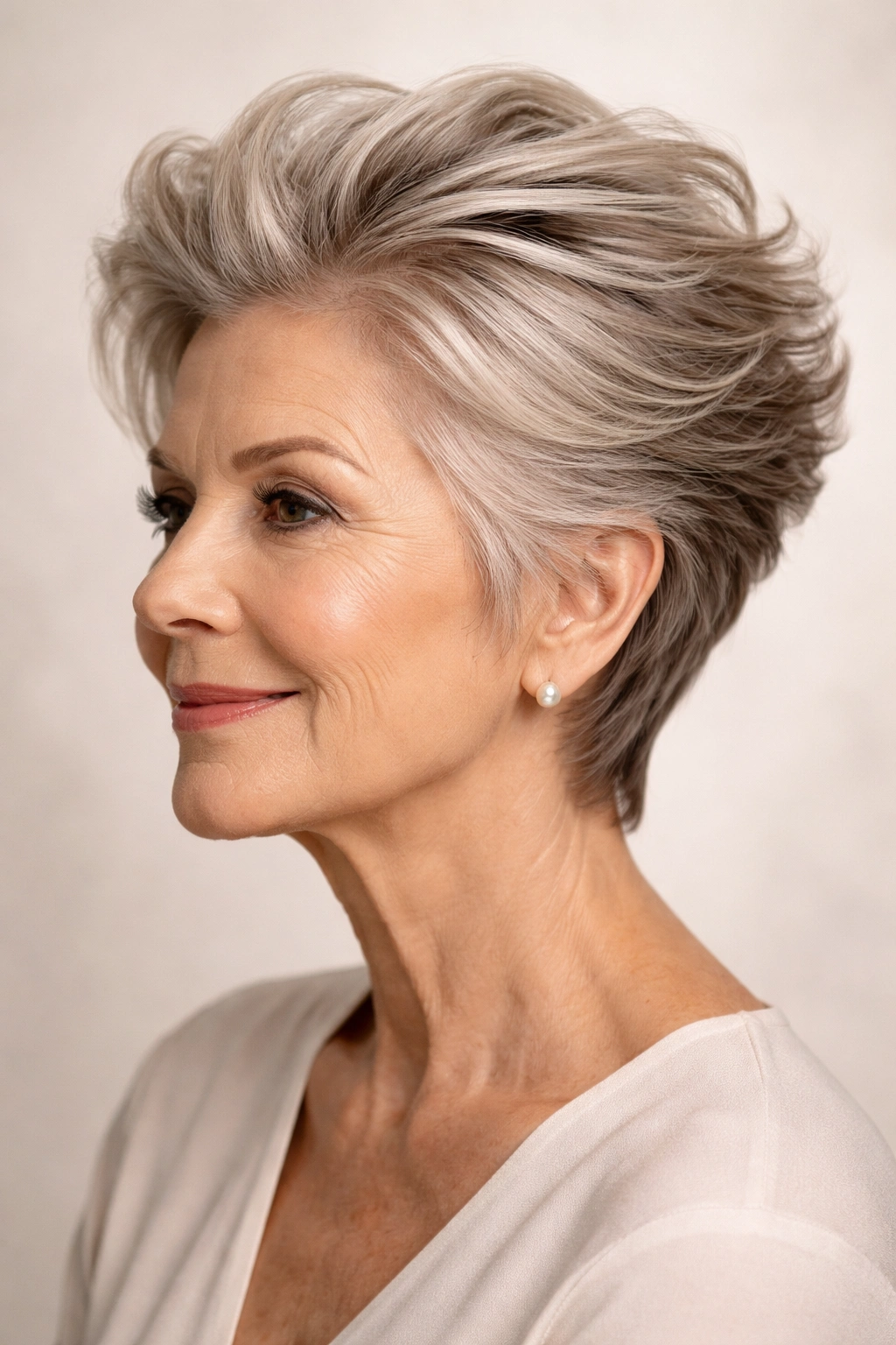 Close-up of a woman's swept-back layered short hairstyle, showing texture and crown lift