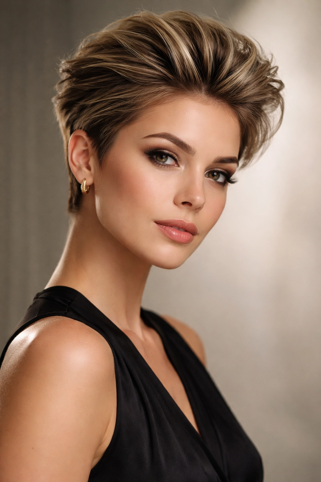 Swept-back pixie with crown volume and swept back styling