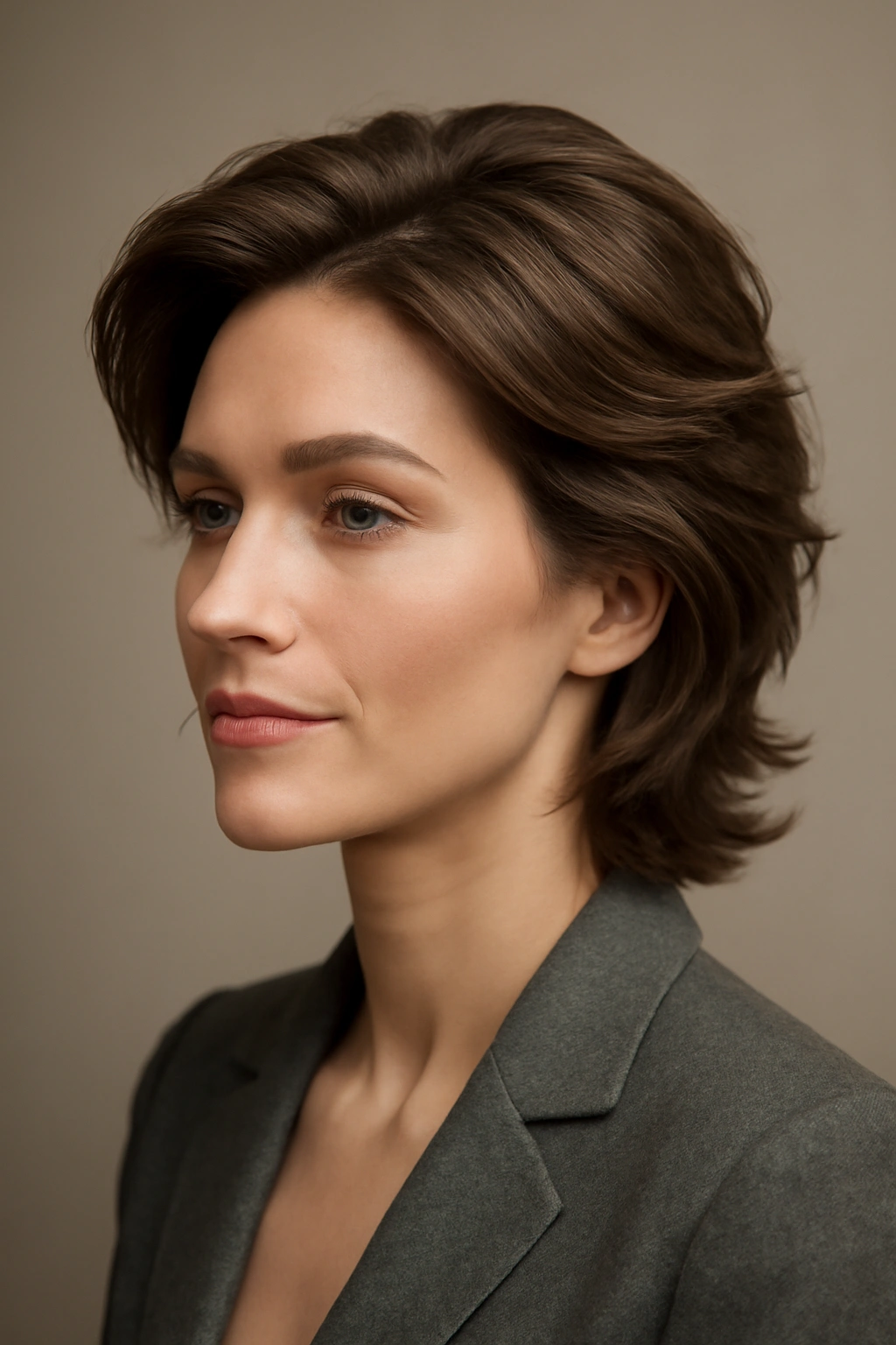 20 Short Shag Haircuts for Easy, Effortless Mornings 17 Portrait of a person with swept-back shag and hair brushed away from the face.