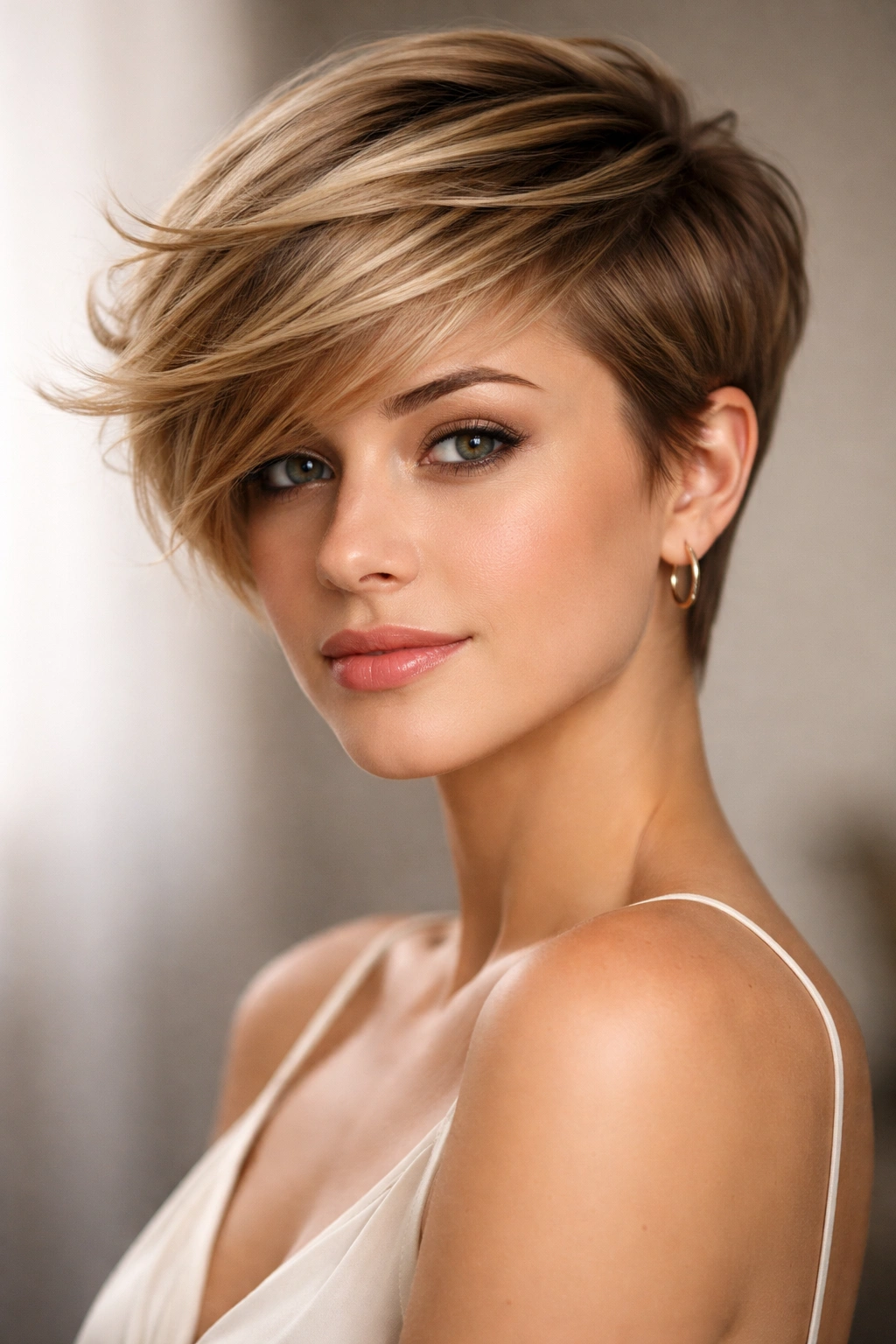 Swept bang pixie with dramatic side sweep