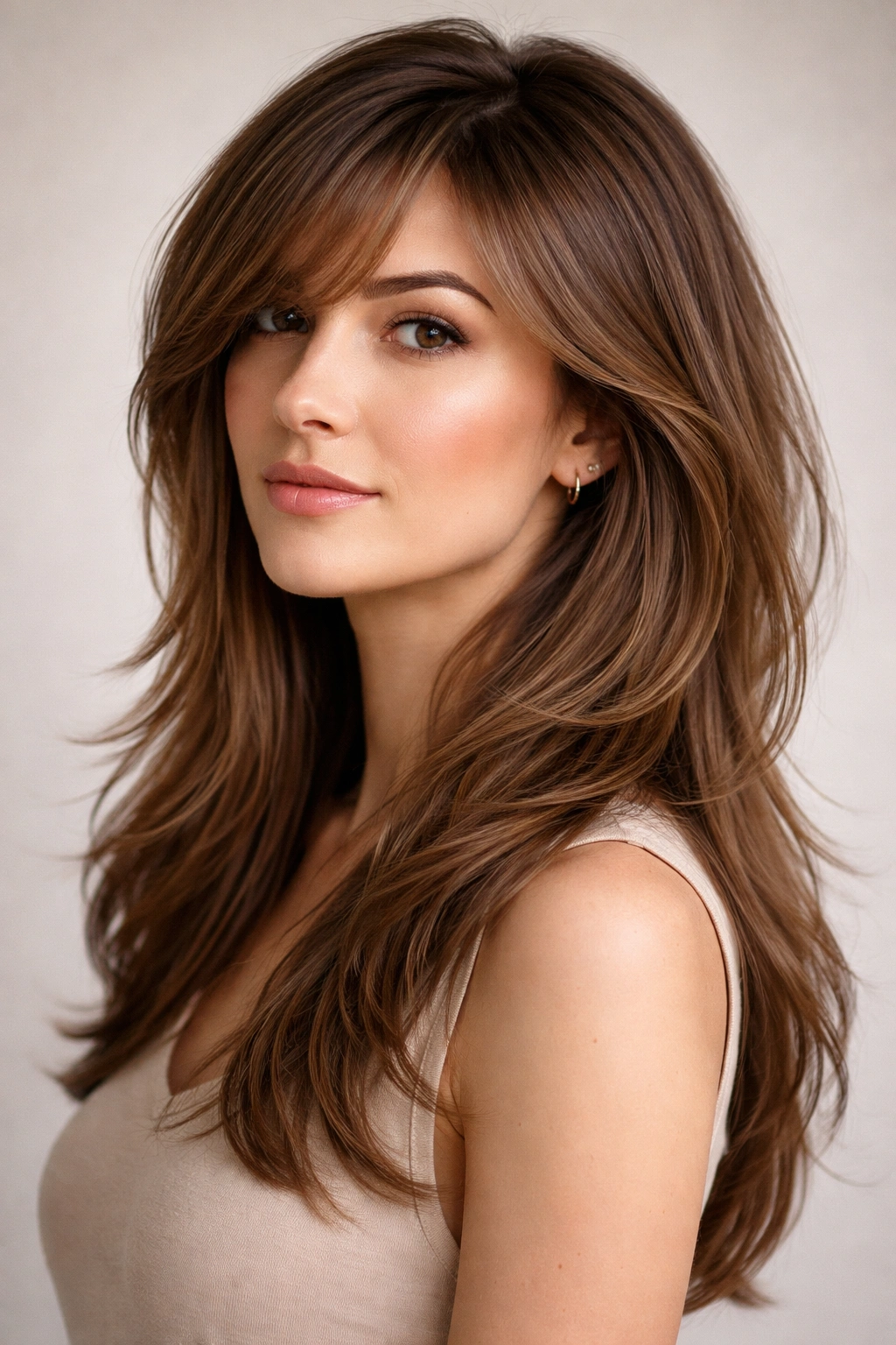 20 Medium Hairstyles With Bangs For Any Face 18 Close-up of swept bangs transitioning into cascade layers