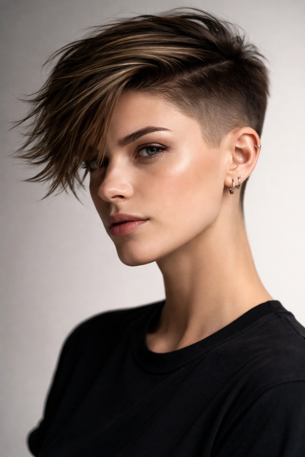 Close-up of swept fringe with fade showing dramatic forehead sweep
