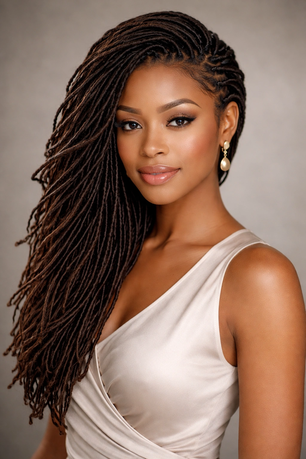 20 Loc Styles For Every Length From Short To Waist 7 Swept Side Loc Styles: locs gathered to one side in a polished, professional portrait.