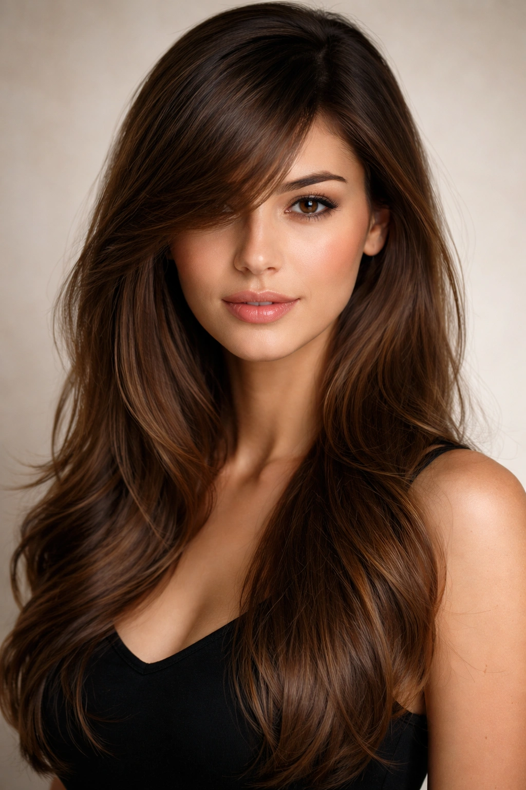 10 Face Framing Bang Styles With A Side Part 10 Close-up of swept side bangs with a side part forming an elongated silhouette.