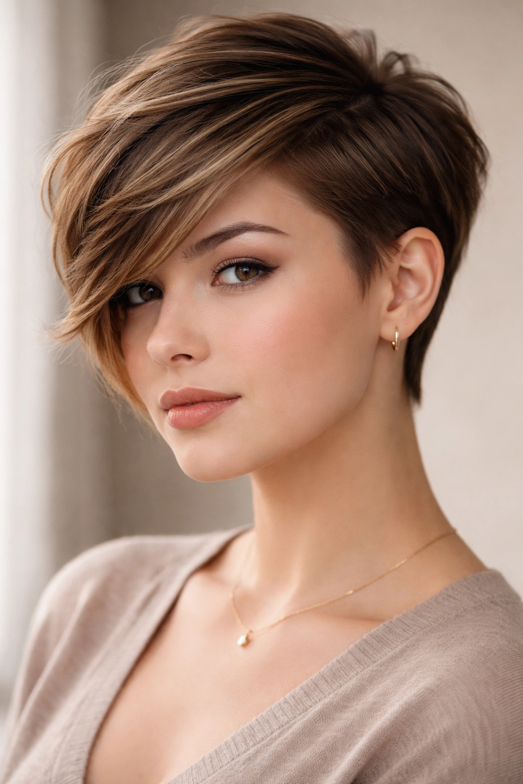 15 Pixie Styles Perfectly Suited To Round Faces 2 Close-up of a pixie with a long swept side and a short opposite side.