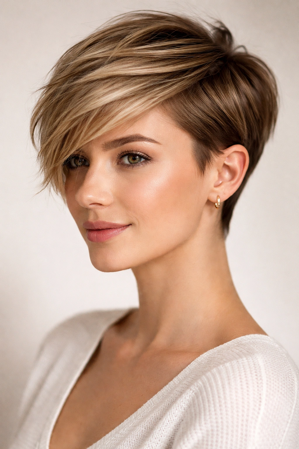 Asymmetrical swept-side pixie with long top and short opposite side