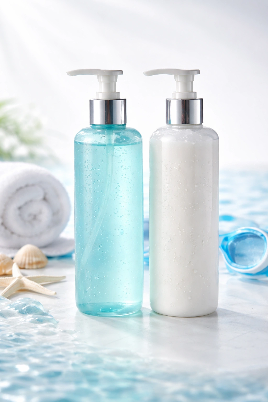 Two swim-specific shampoo and conditioner bottles on a clean background.