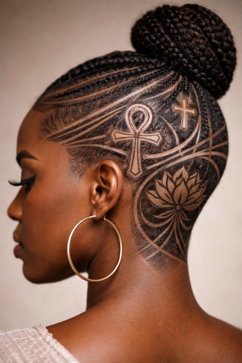 Close-up of a Black woman's scalp with religious symbol line design