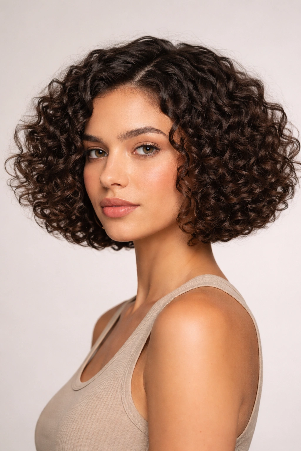 Close-up of symmetrical curly bob with blunt chin-length cut