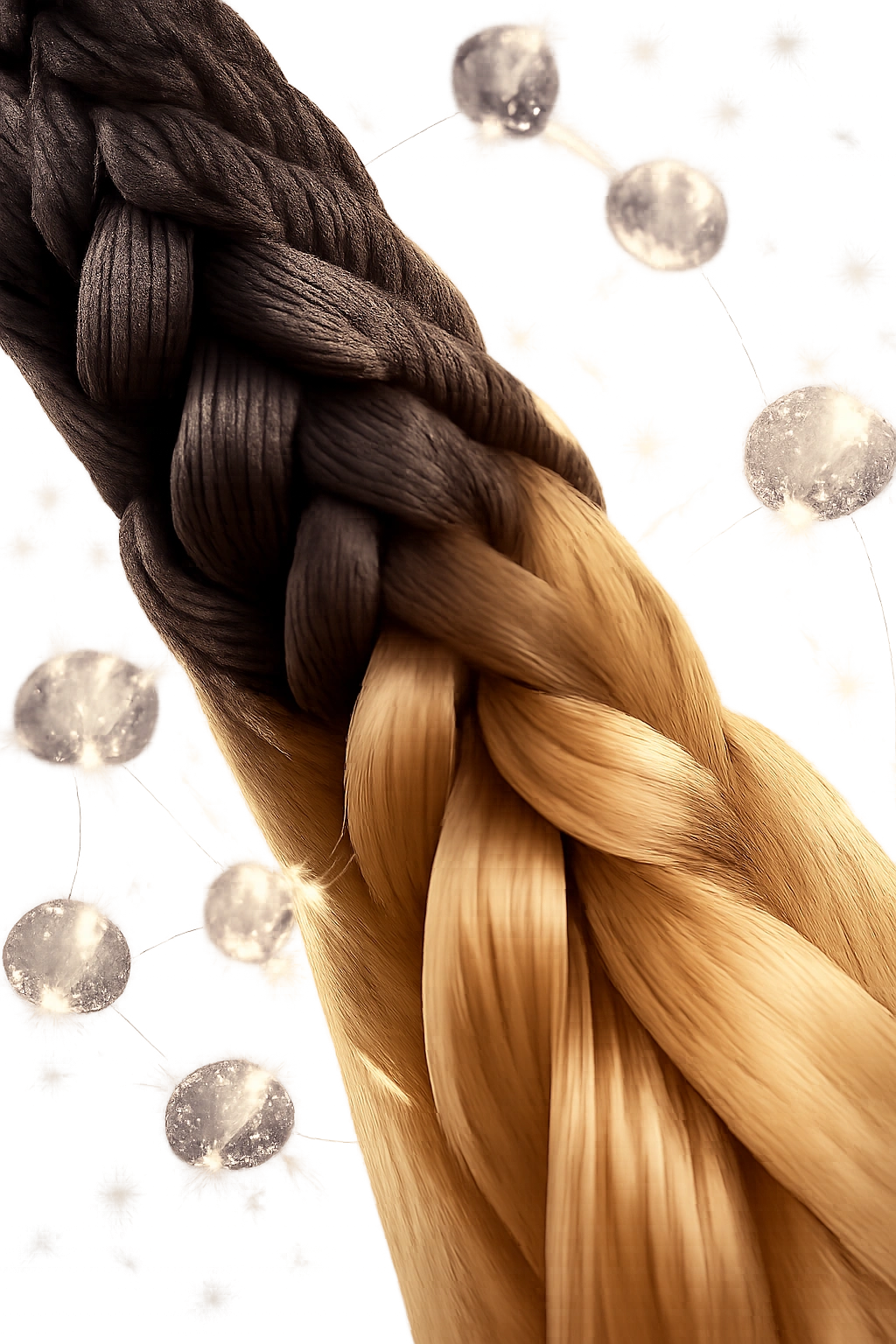 Close-up of synthetic hair bundle with abstract molecular background emphasizing chemicals in hair products