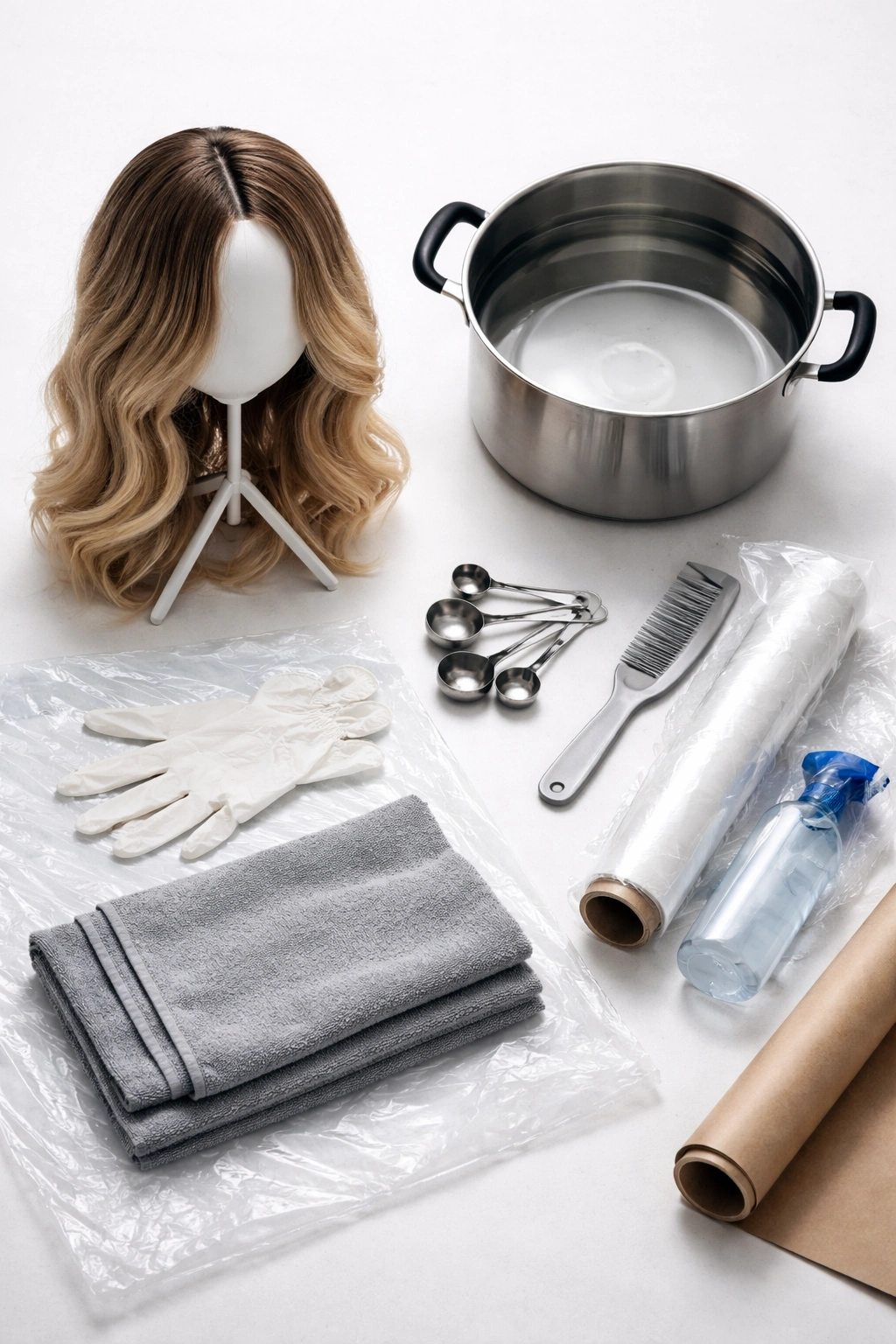Overhead view of dyeing toolkit for synthetic hair
