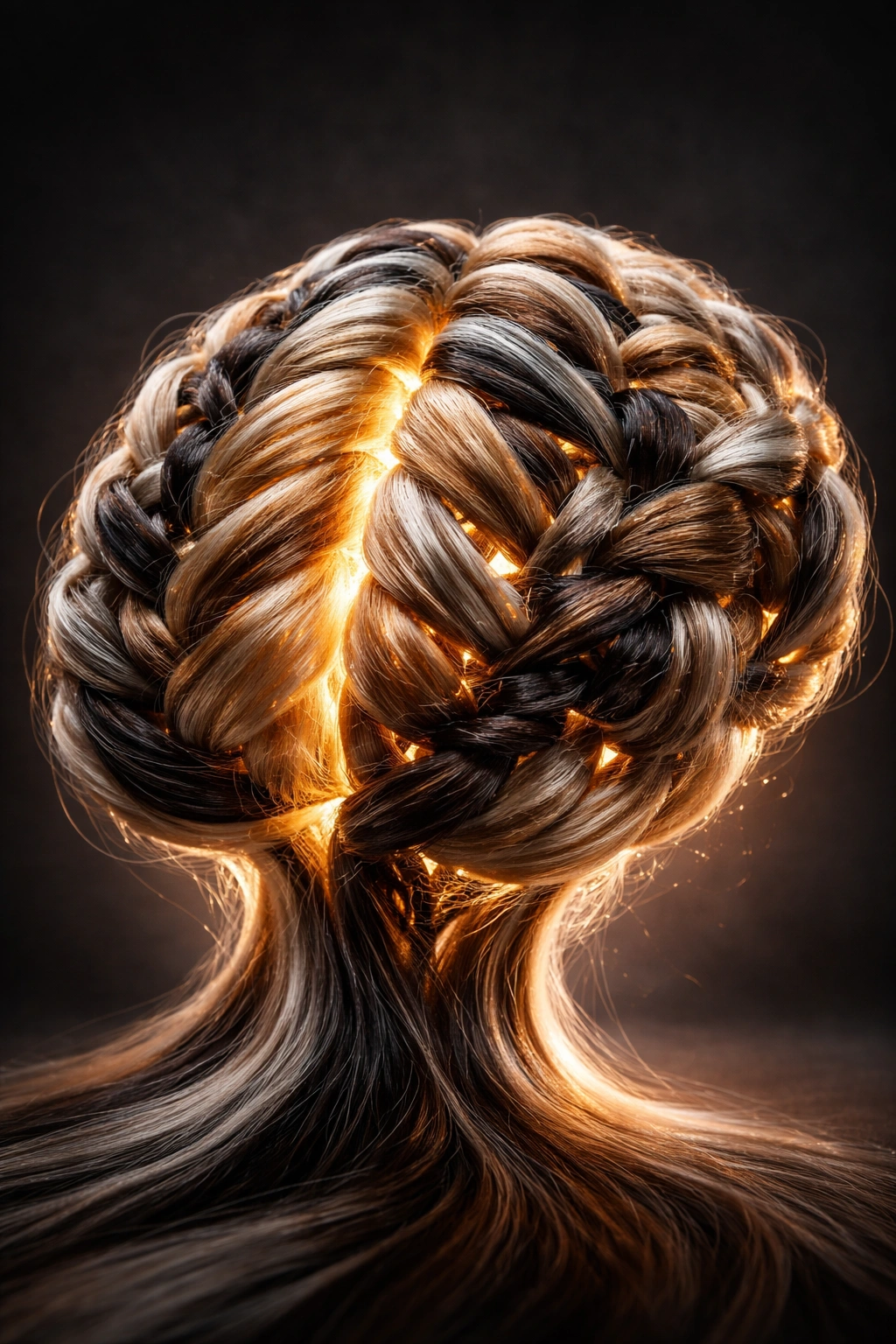 Close-up of a hollow brain sculpture made from synthetic hair-like fibers glowing from within, symbolizing knowledge as power
