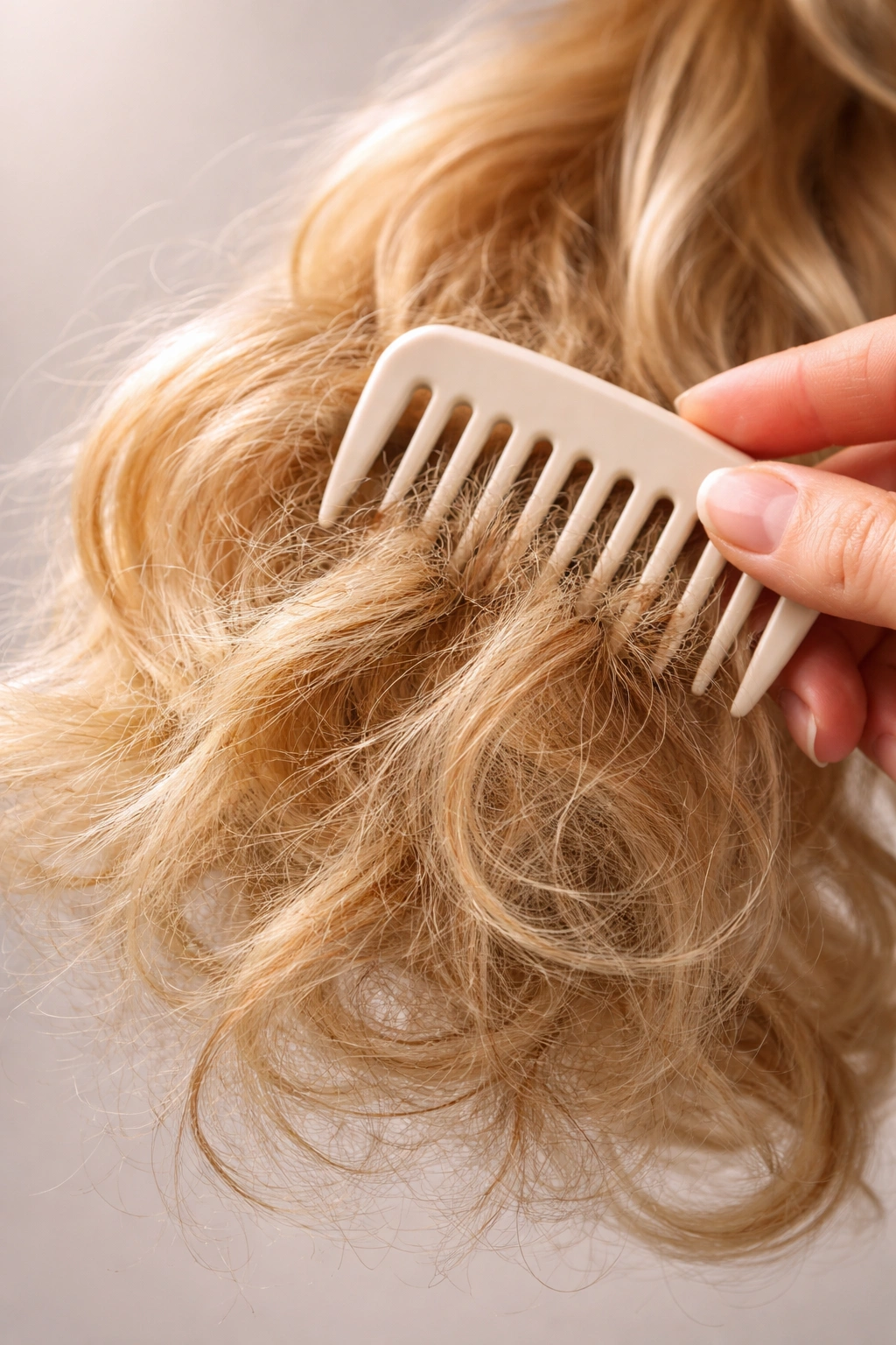 Frizzy wig ends and hand detangling with a wide-tooth comb to show common mistakes