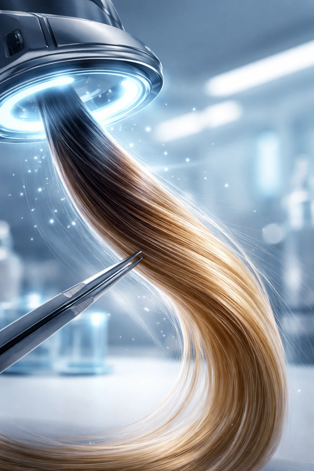 Close-up of realistic synthetic hair strand with futuristic lighting