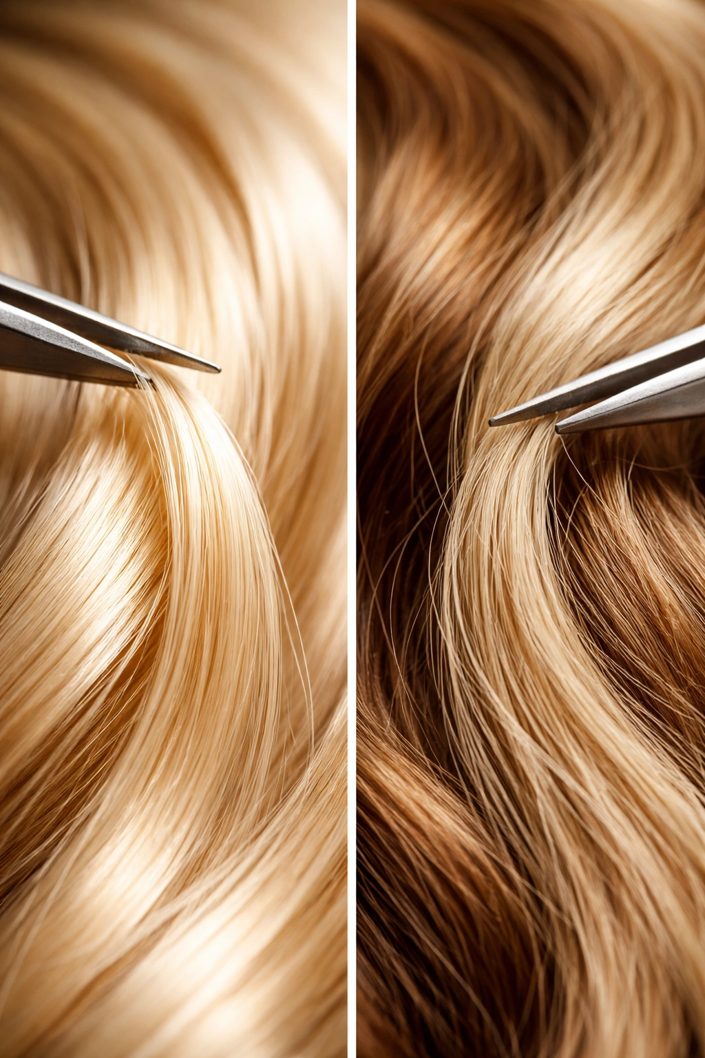 Close-up comparison of synthetic hair fiber and human hair strand, showing texture and shine differences