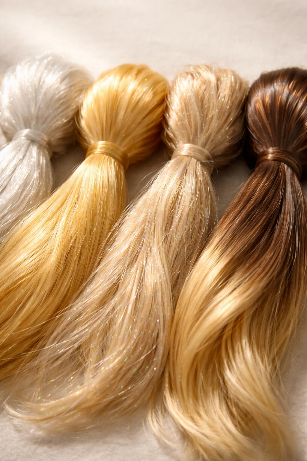 Close-up of synthetic hair fibers showing acrylic, nylon, polyester, and Kanekalon textures