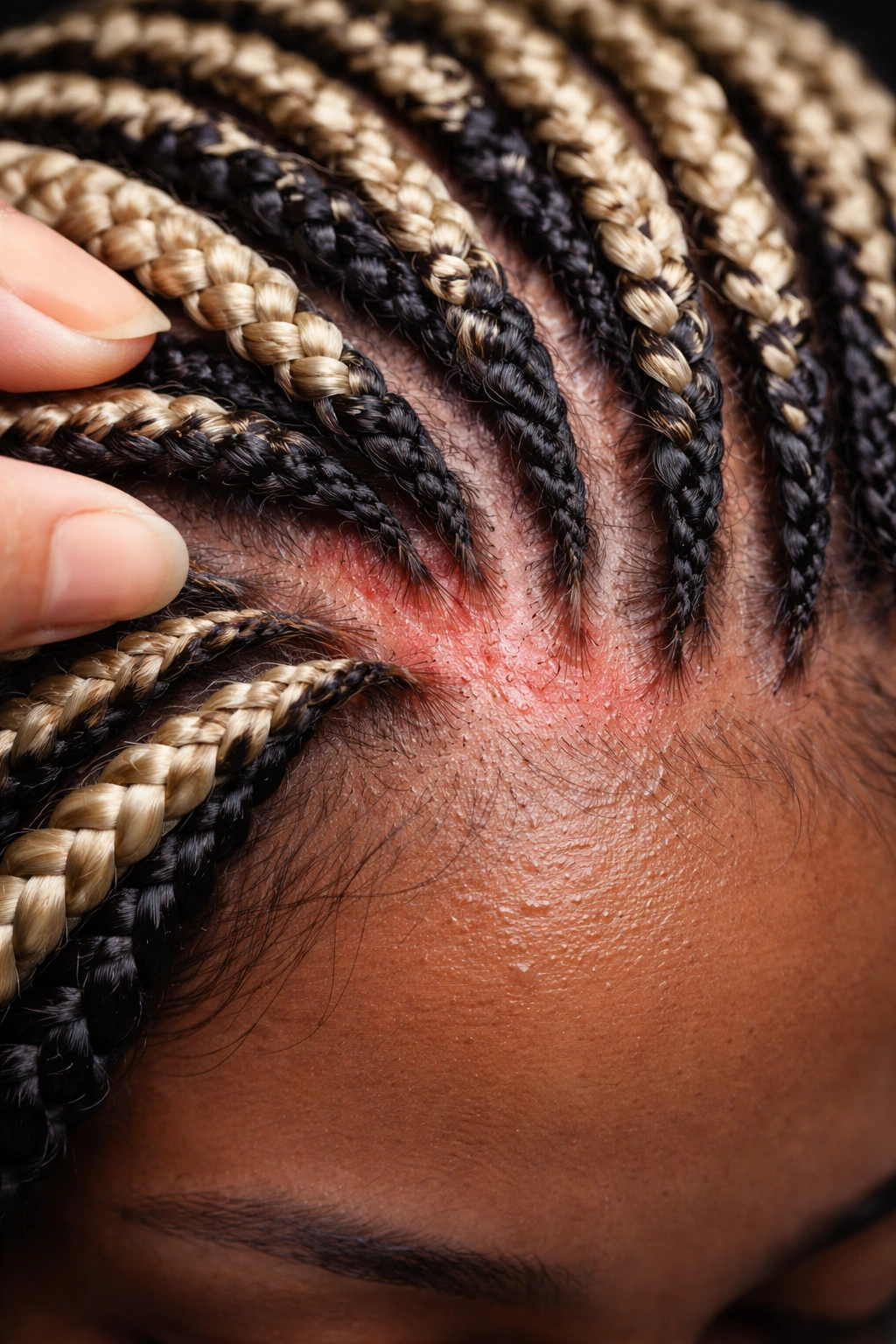 Close-up of scalp with synthetic braids showing irritation risk