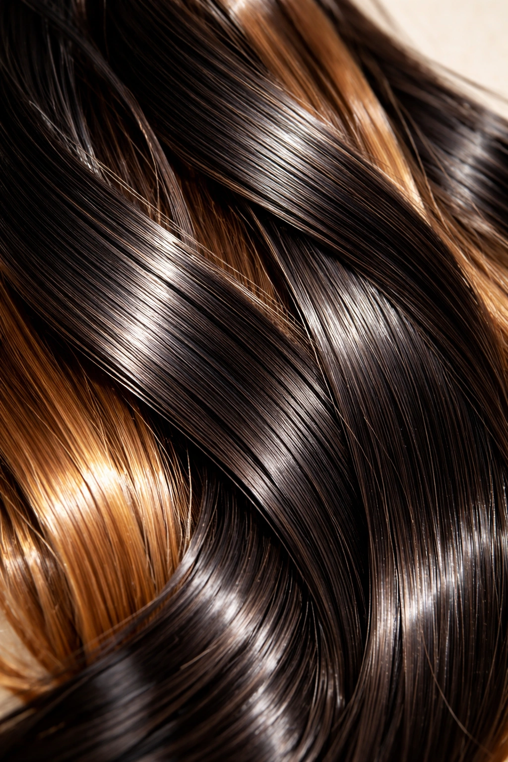 Close-up of glossy synthetic hair strands reflecting light