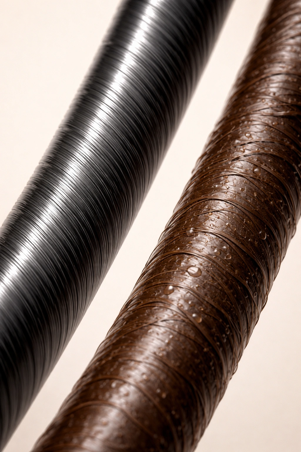 Macro comparison of synthetic fiber strand and human hair showing texture and sheen differences
