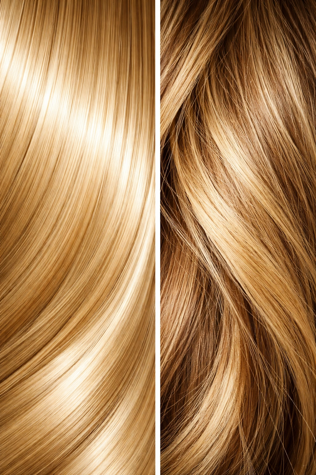 Split-view close-up of synthetic and human hair textures side by side