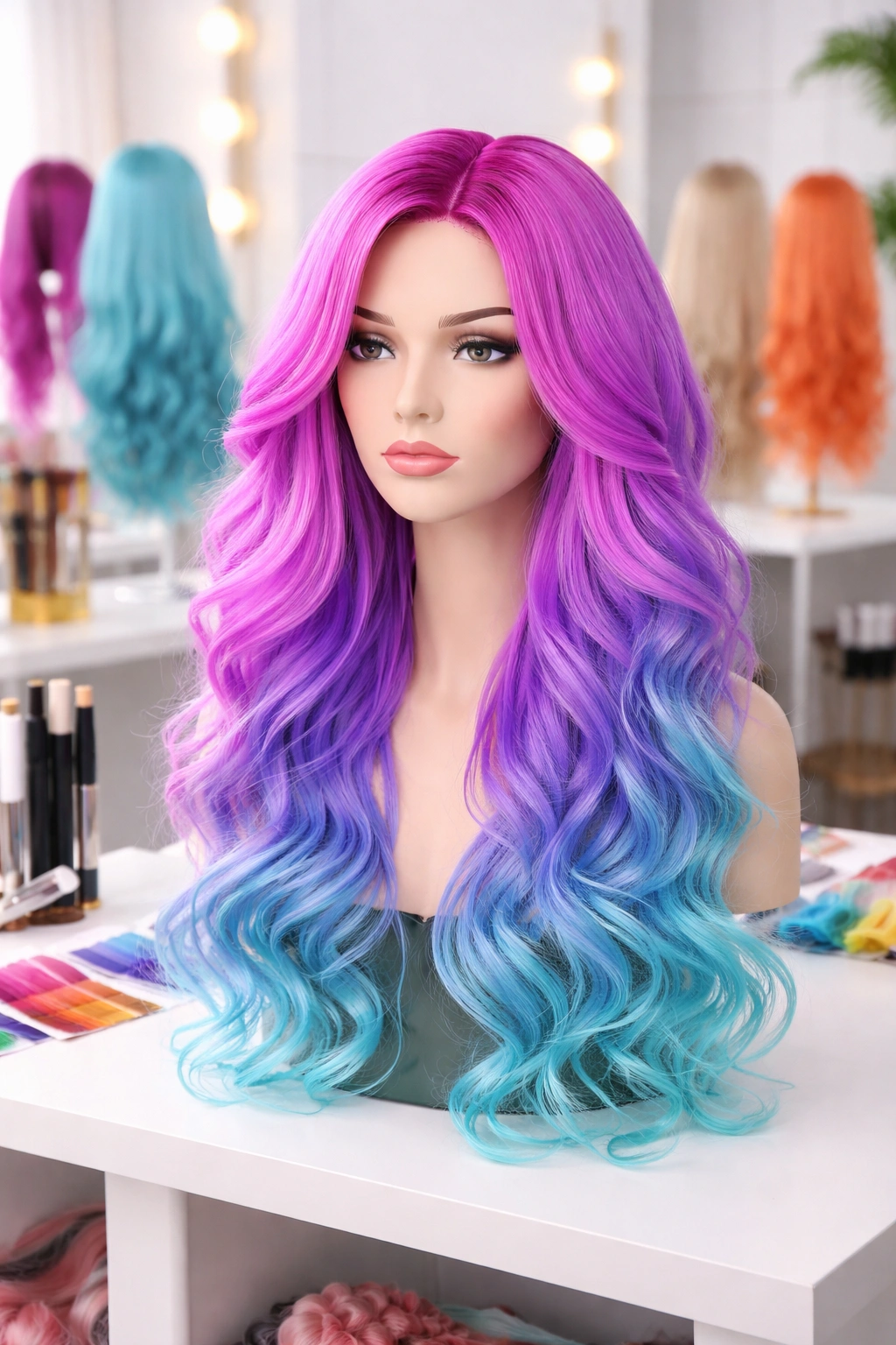 Vibrant colored synthetic wig on mannequin head in studio