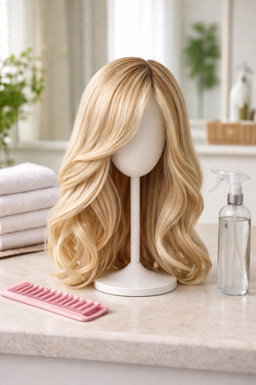 Care setup for synthetic wig with comb and spray bottle