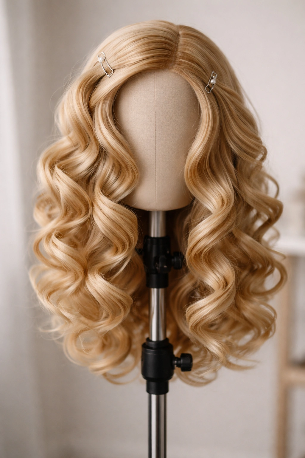 Close-up of a curled synthetic wig on a stand with defined curls and pins