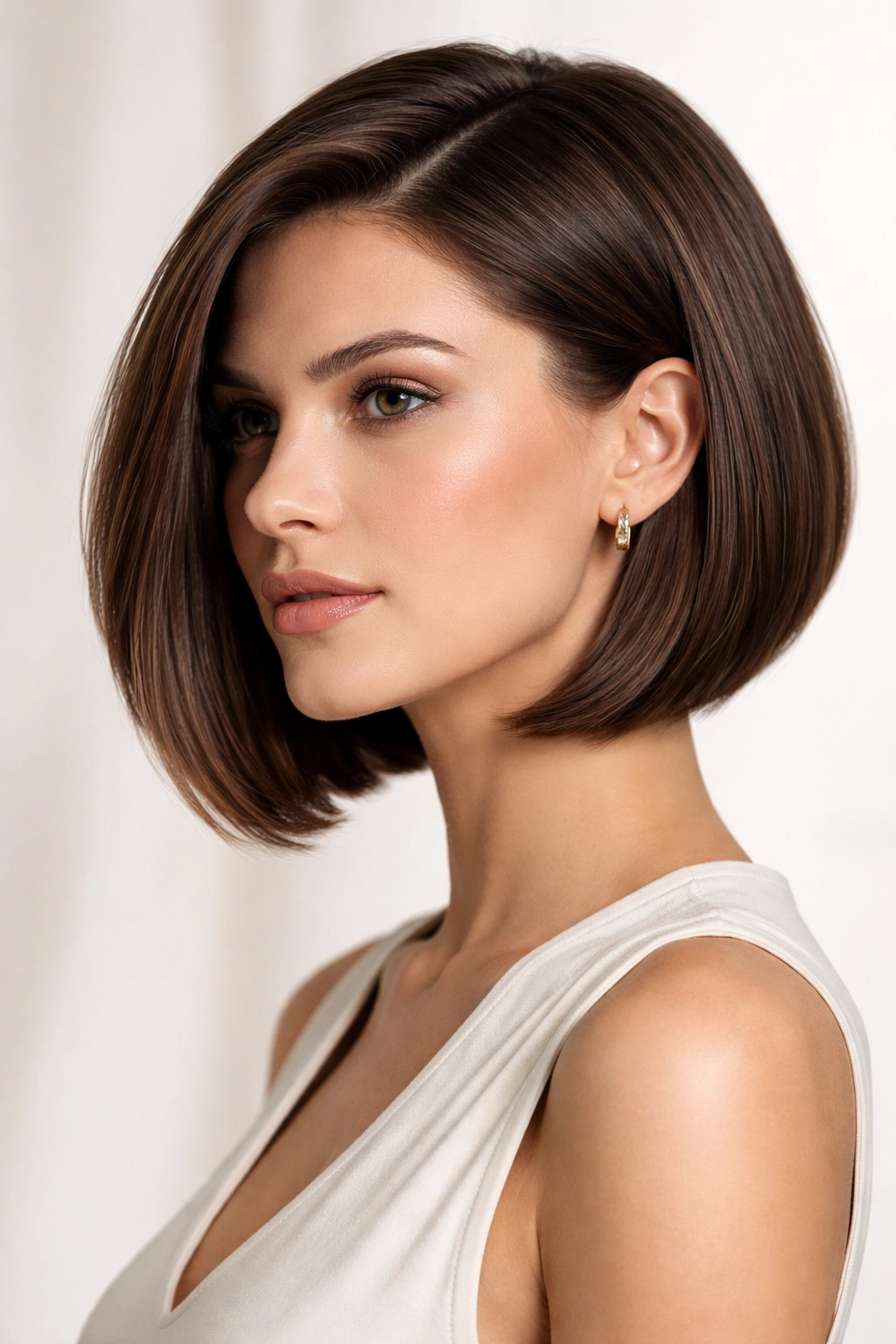 Profile shot of a tailored chin-length cut with precise edges and tailored angles