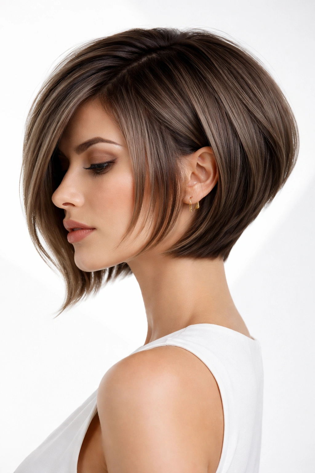Portrait of a person with a tailored layered bob showing geometric precision and sharp angles